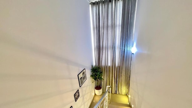 Una escalera con barandilla, una planta en maceta y una cortina en la parte superior.