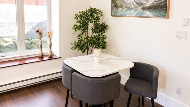 Et værelse med et spisebord, to stole, en potteplante, et maleri og et vindue med udsigt.