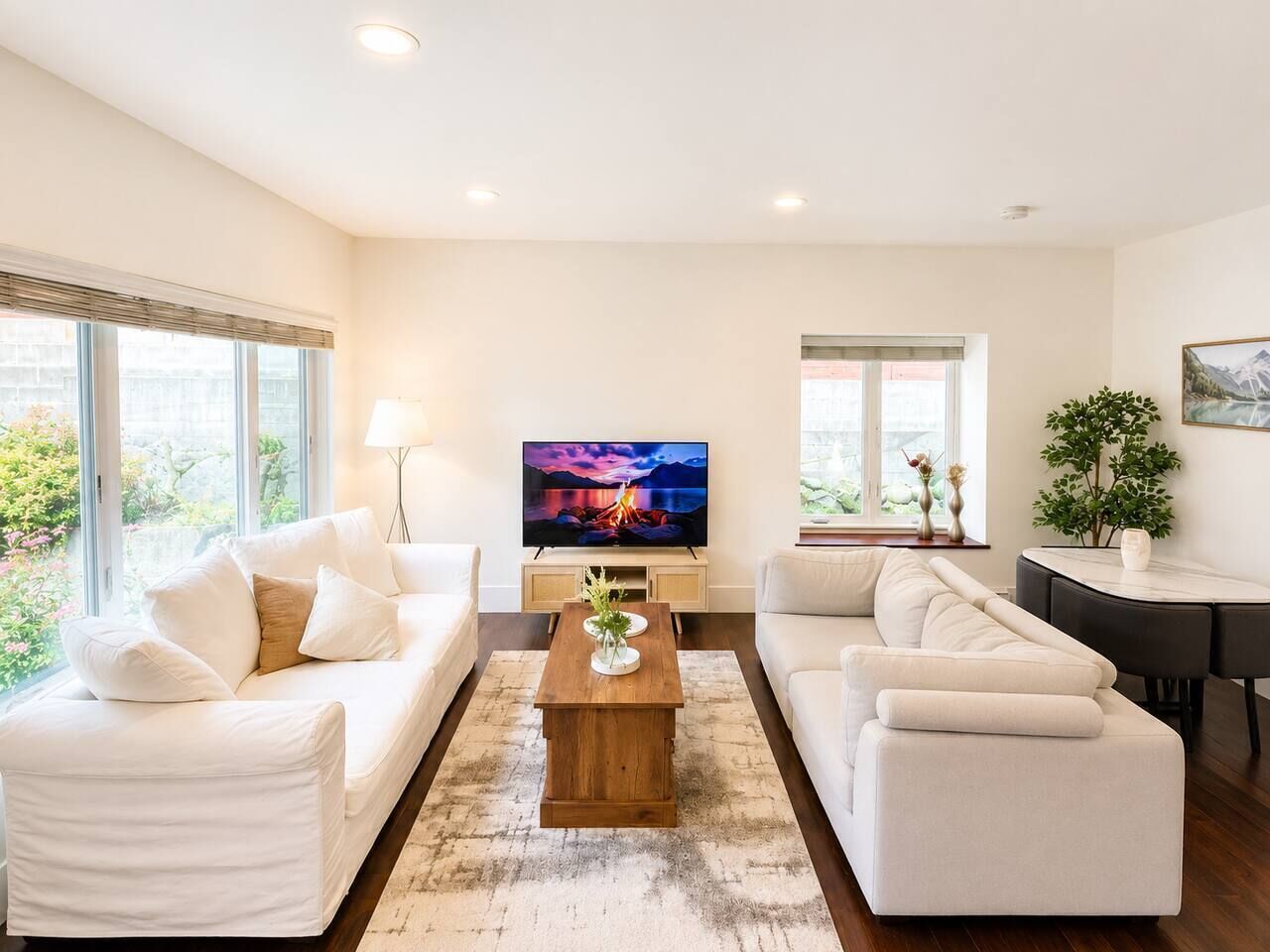 Ein modernes Wohnzimmer mit Flachbildfernseher, zwei weißen Sofas, einem Holztisch und einer Zimmerpflanze.
