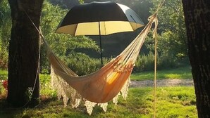 A hammock suspended between trees in a grassy area.