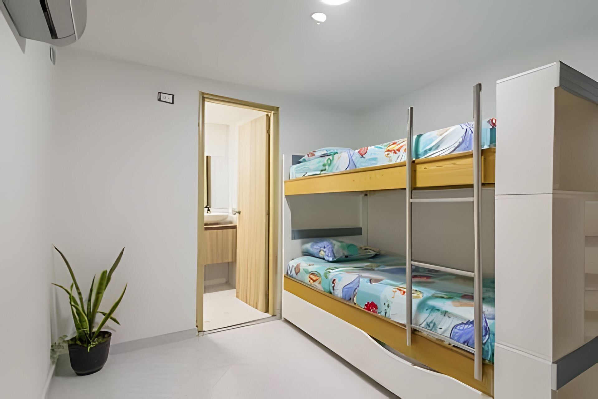Habitación tipo dormitorio con literas, una planta en maceta y una puerta que da a un baño.