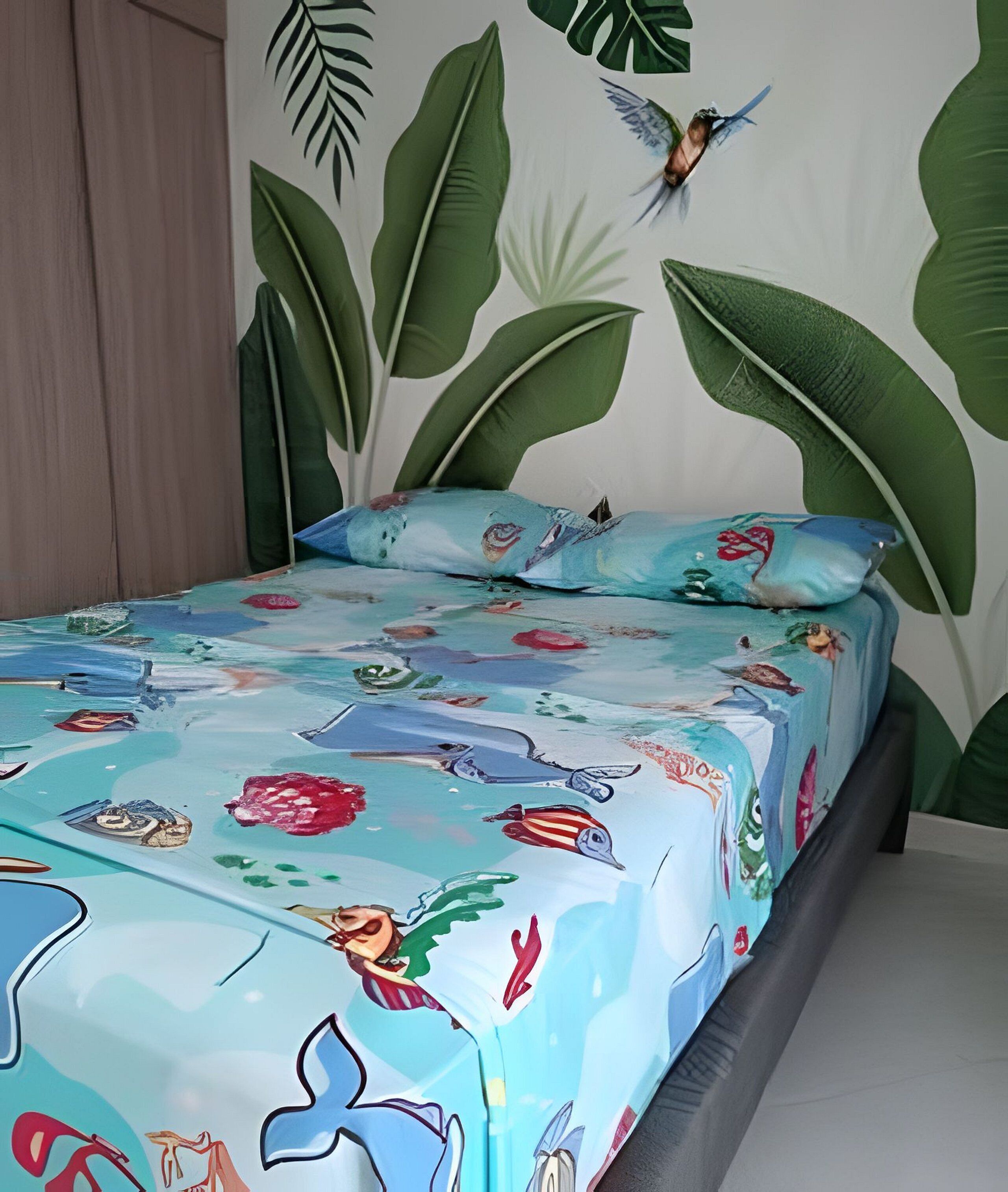 Una cama con colcha de colores que muestra vida marina y un cabecero con diseño de hojas tropicales.