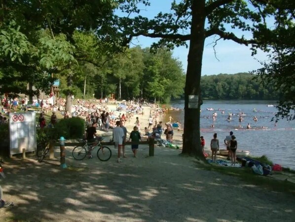 A lakeside park with a sandy beach, trees, and people swimming and walking.