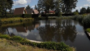 En stilla damm som speglar träd och byggnader, omgiven av grönska och en klar himmel.