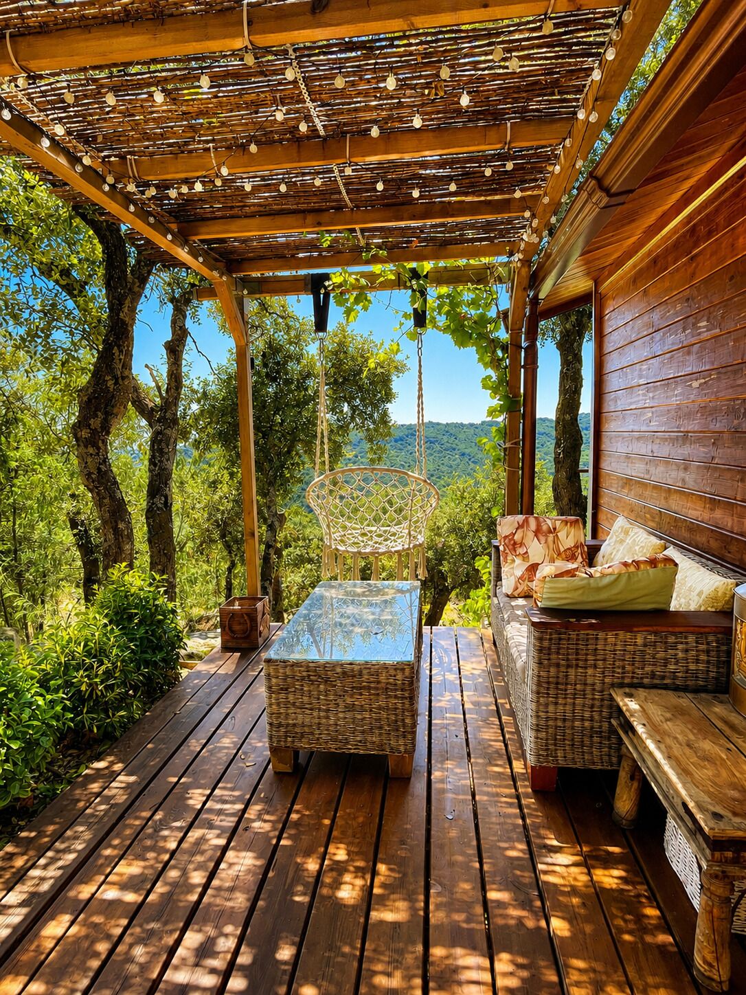 Eine hölzerne Terrasse im Freien mit Korbmöbeln, einem Hängesessel und Blick auf eine bewaldete Landschaft.