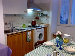A compact kitchen with a washing machine, a stove, and a sink. - At Anita's, a bright apartment with easy access to the historic center. (Roma)
