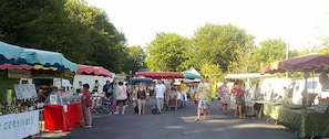 An outdoor market with various stalls and people browsing.