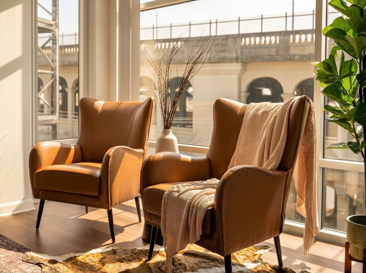 A room with two leather armchairs, a vase with dried plants, and a view of a bridge through large windows.