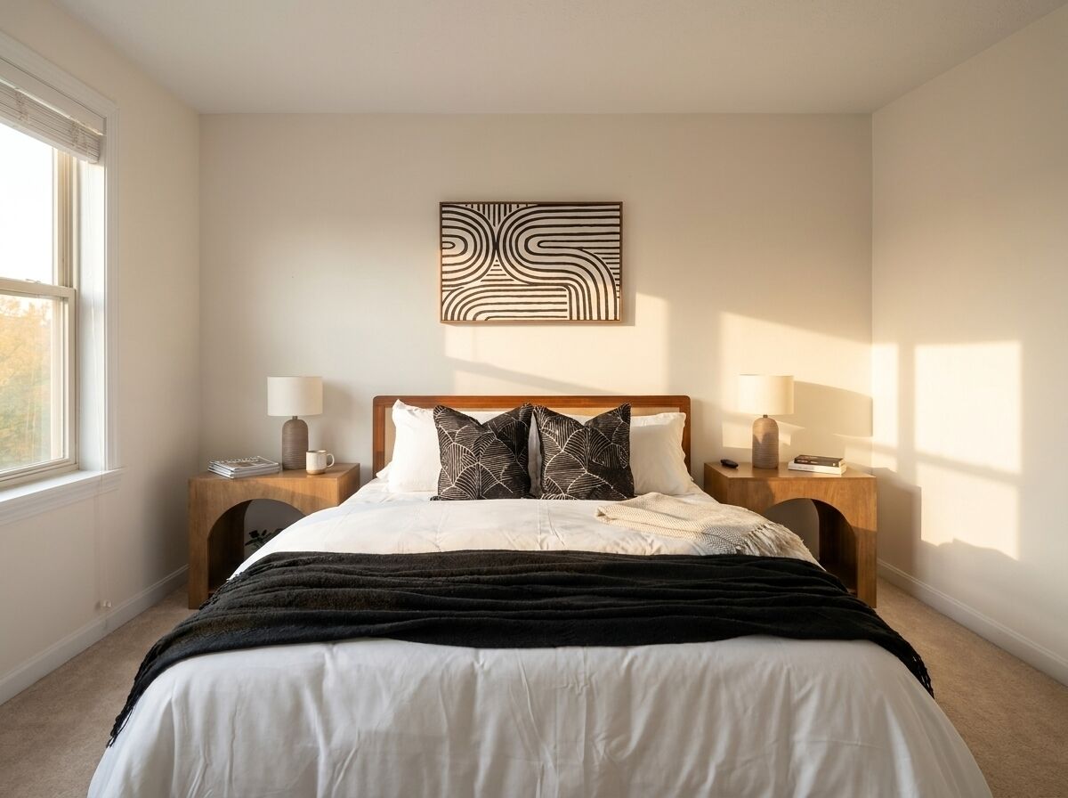 A bedroom with a bed, two bedside tables, lamps, a wall art piece, and a window.