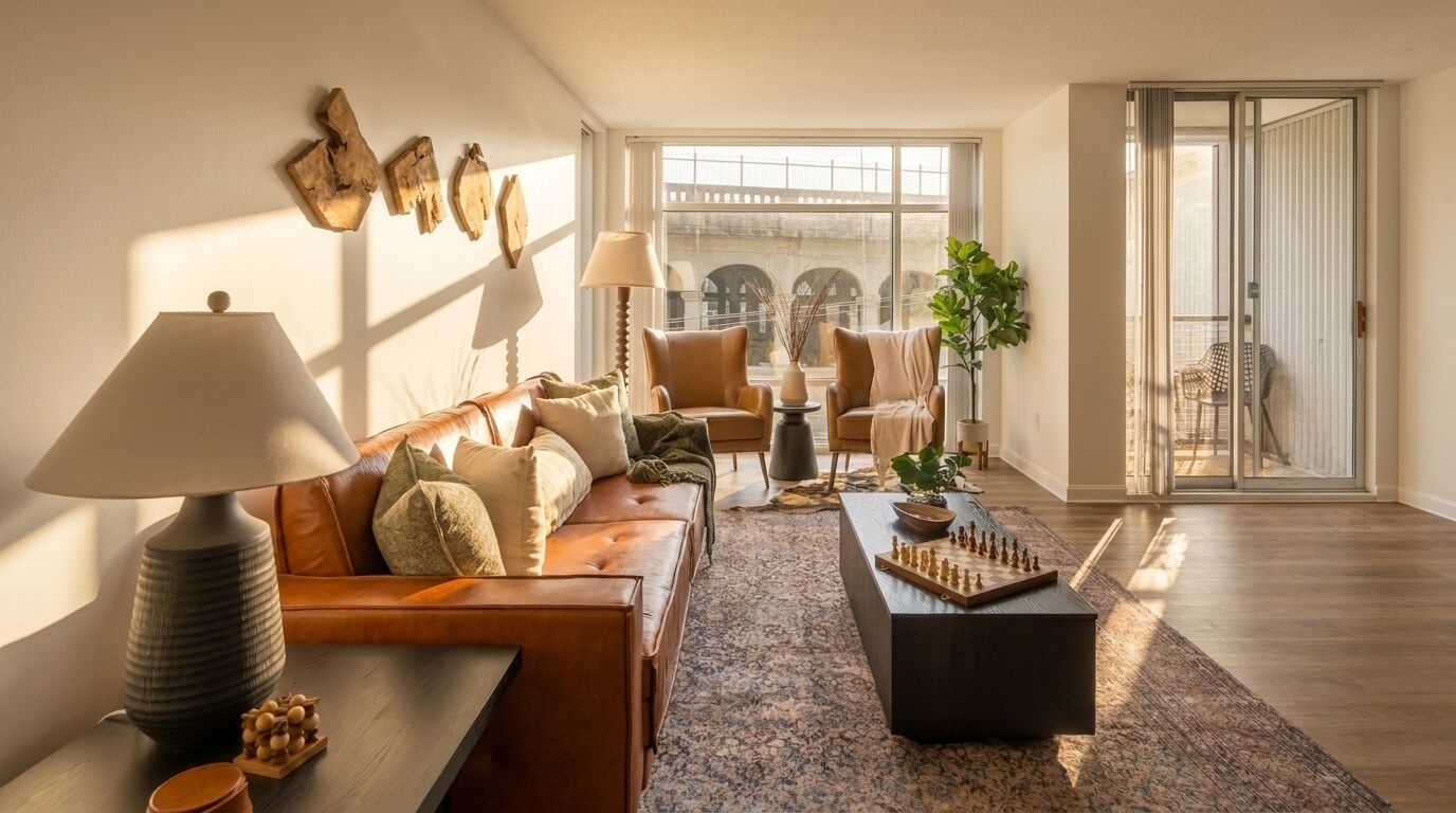 A modern living room with a sofa, coffee table, and a chessboard. There is a window with a view of a bridge, and a sliding glass door leading to an outdoor area.