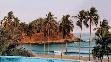 Una piscina azul cristalina con vistas al océano y palmeras.