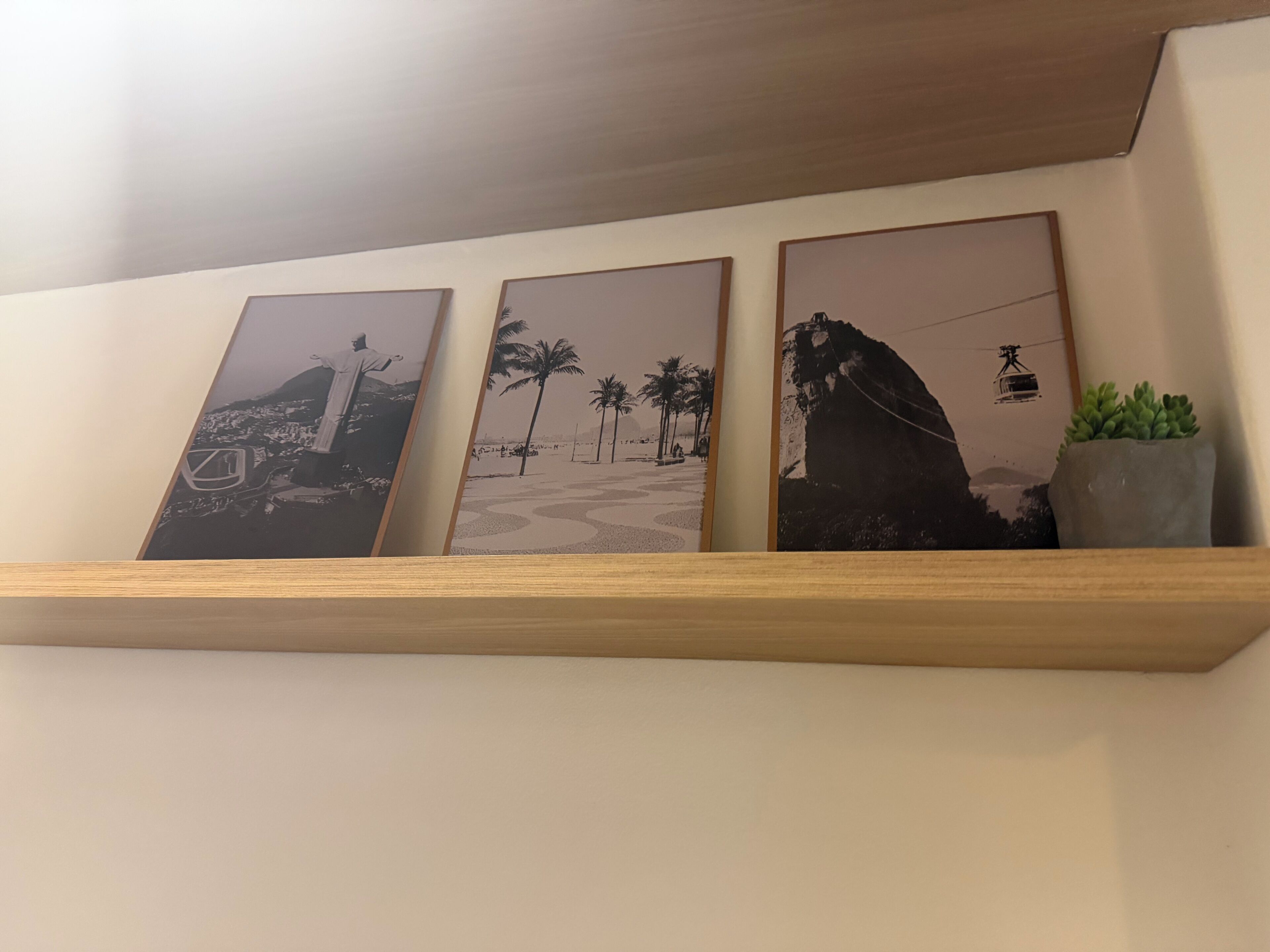 A wall with three framed pictures, a small potted plant, and a wooden shelf.