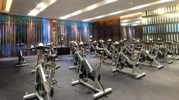 Ett gym med motionscyklar uppställda i rader, en stor spegel och en vägg med vertikala linjer.