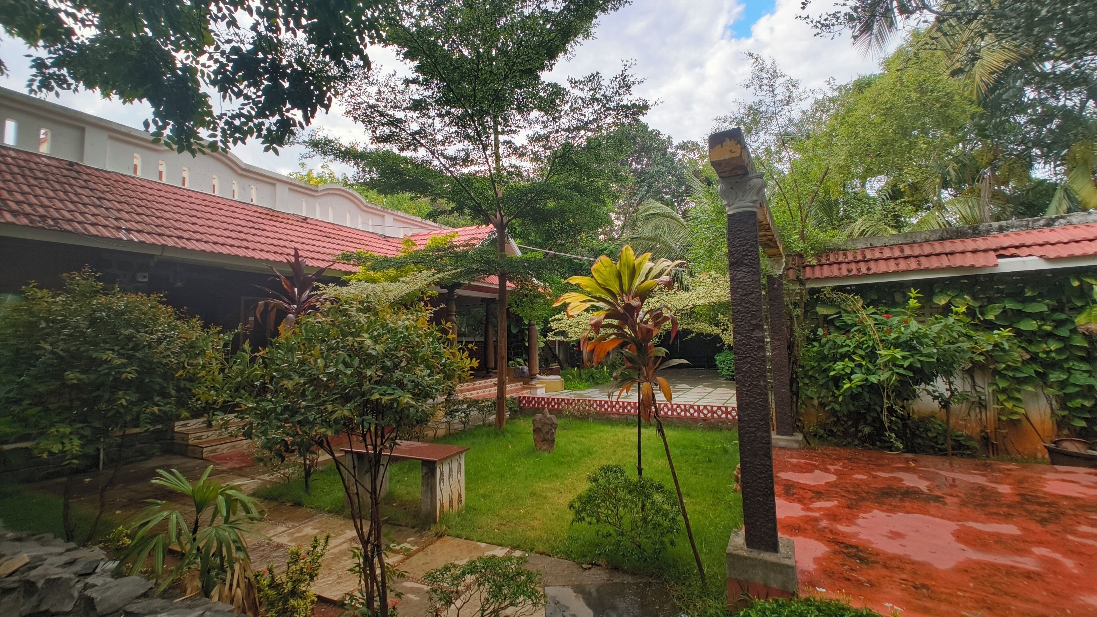 A courtyard with a tiled roof, a stone pathway, and various plants.