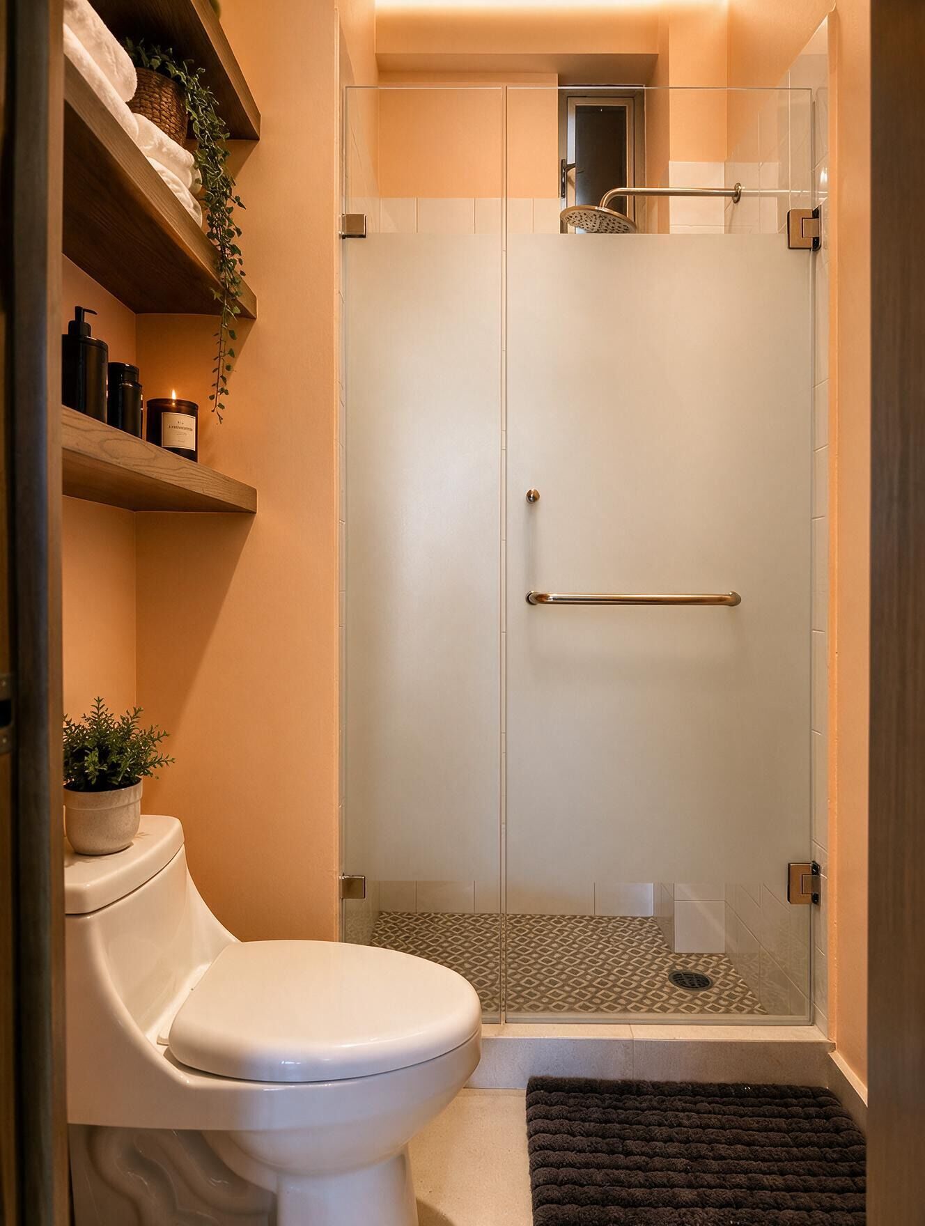 A bathroom with a toilet, a shower enclosure, and a shelf with toiletries.