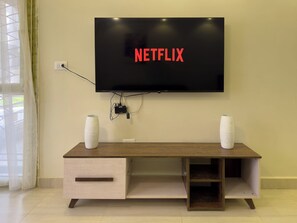 Ein Flachbildfernseher an der Wand montiert, mit dem Netflix-Logo.