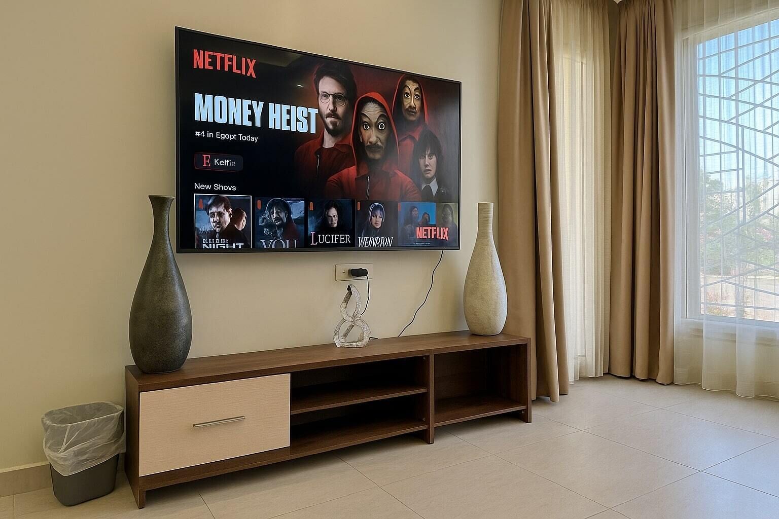 Un televisor de pantalla plana montado en la pared mostrando una serie de Netflix, con dos jarrones sobre una consola de madera.
