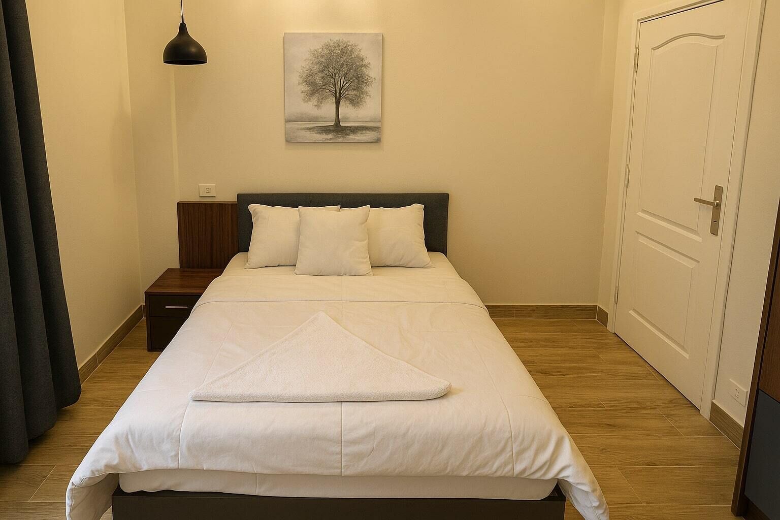 Une chambre à coucher avec un lit, des oreillers, une table de chevet, une lampe, un tableau et une porte.