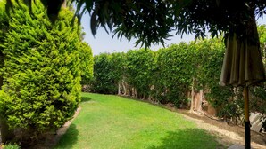 Un jardín bien cuidado con césped ondulado, setos frondosos y una estructura de pérgola.