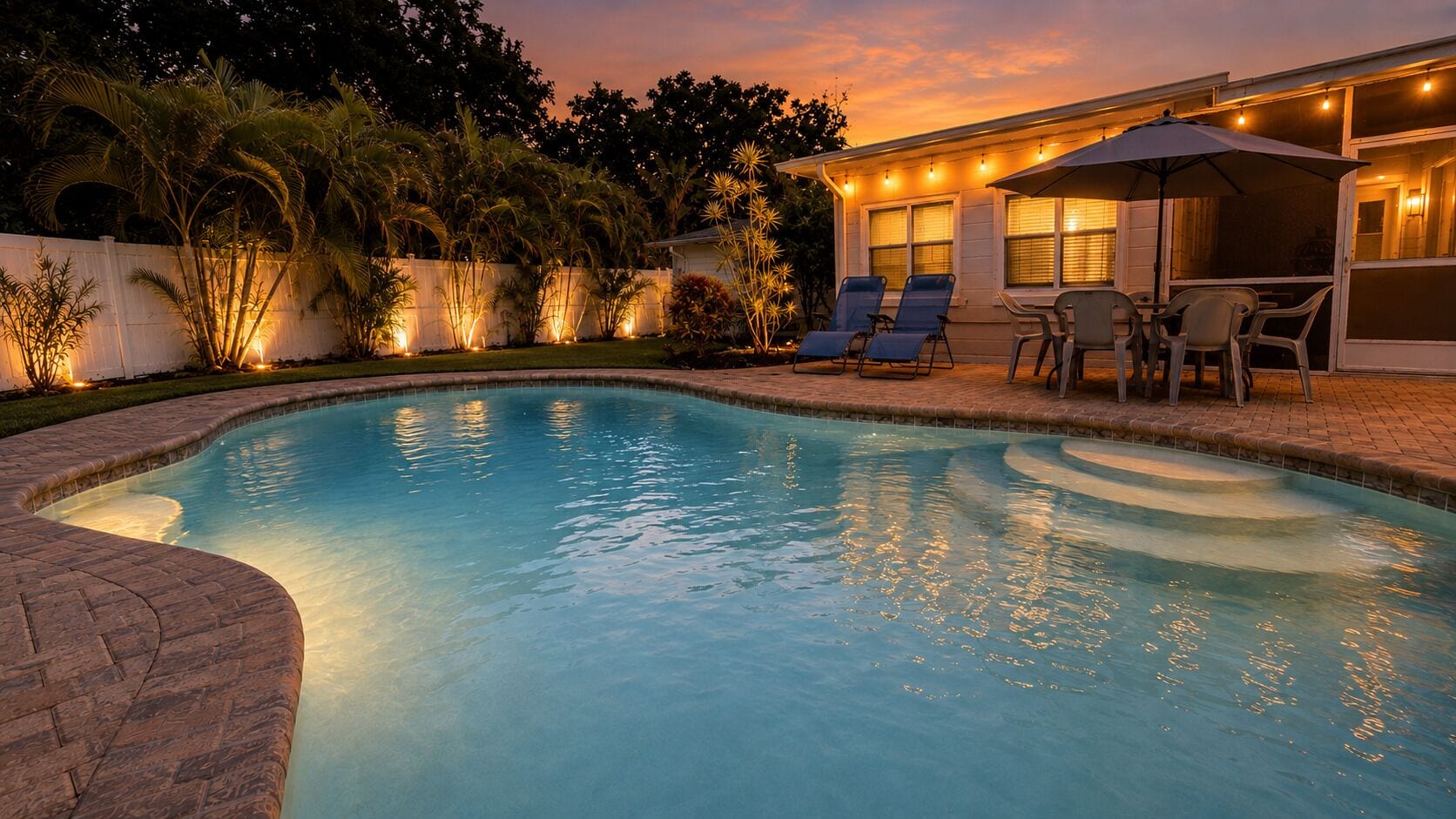 A swimming pool with a brick border, surrounded by a white fence and palm trees.