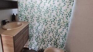 Un bany petit amb un envà d'estil rústic, un lavabo i un vàter.