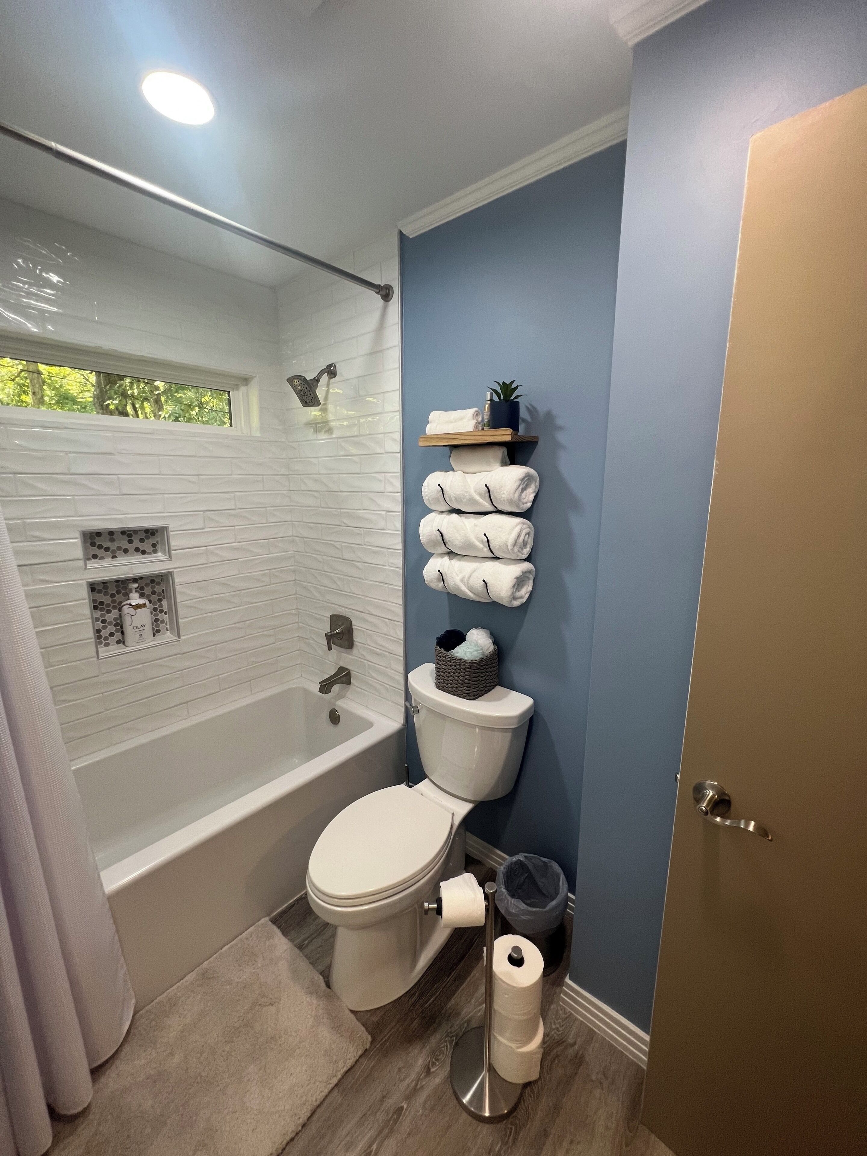 Une salle de bain avec une baignoire, des toilettes et une douche.