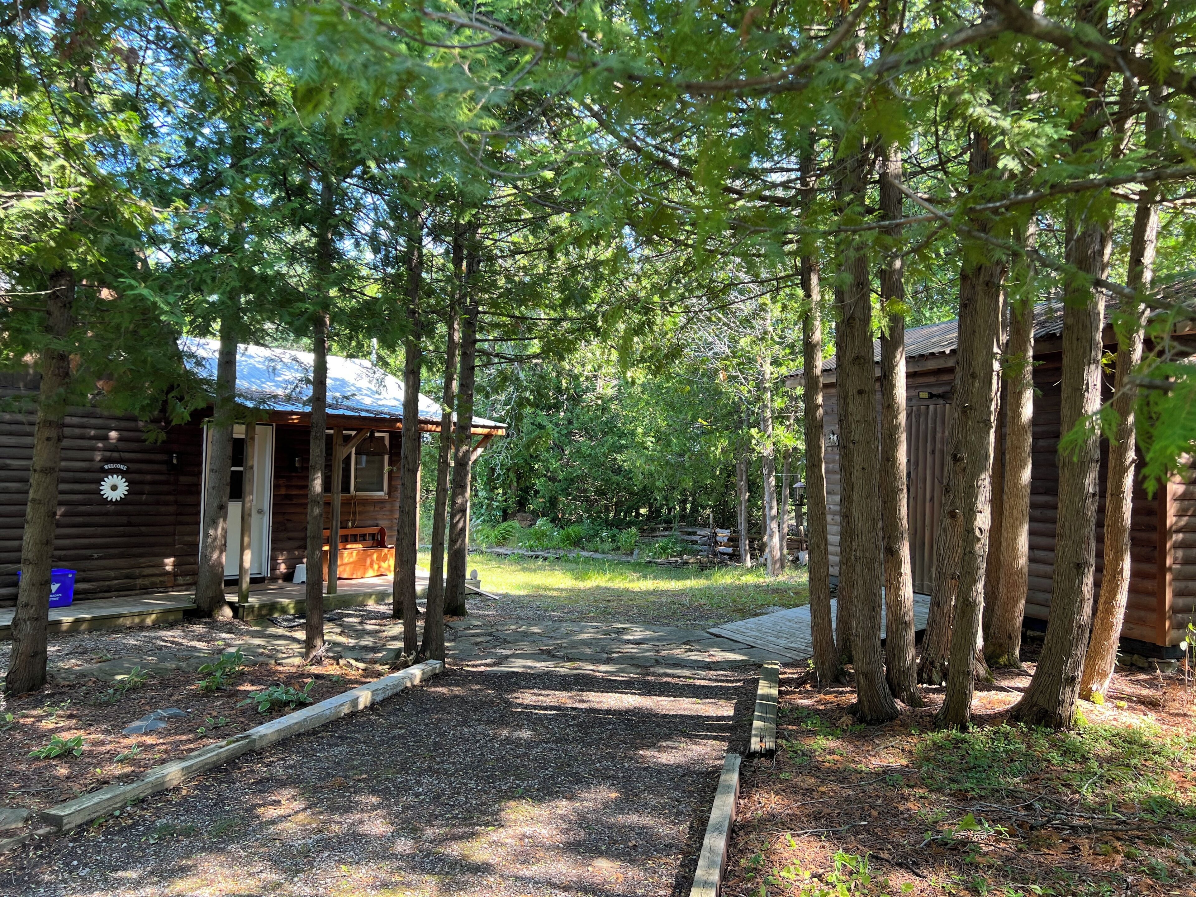 A wooden cabin with a porch, surrounded by trees and a gravel path leading to it.