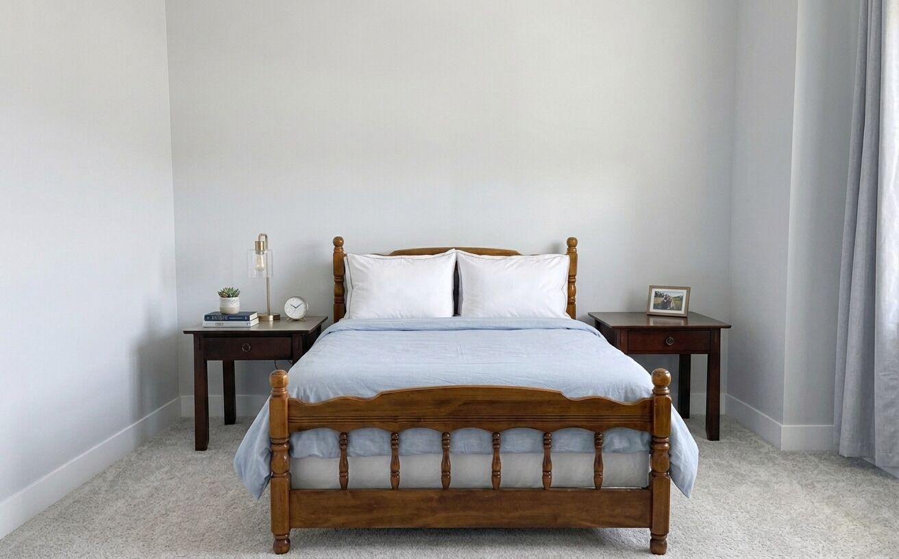 Un dormitorio con una cama de madera, dos mesitas de noche, una lámpara y una planta pequeña.
