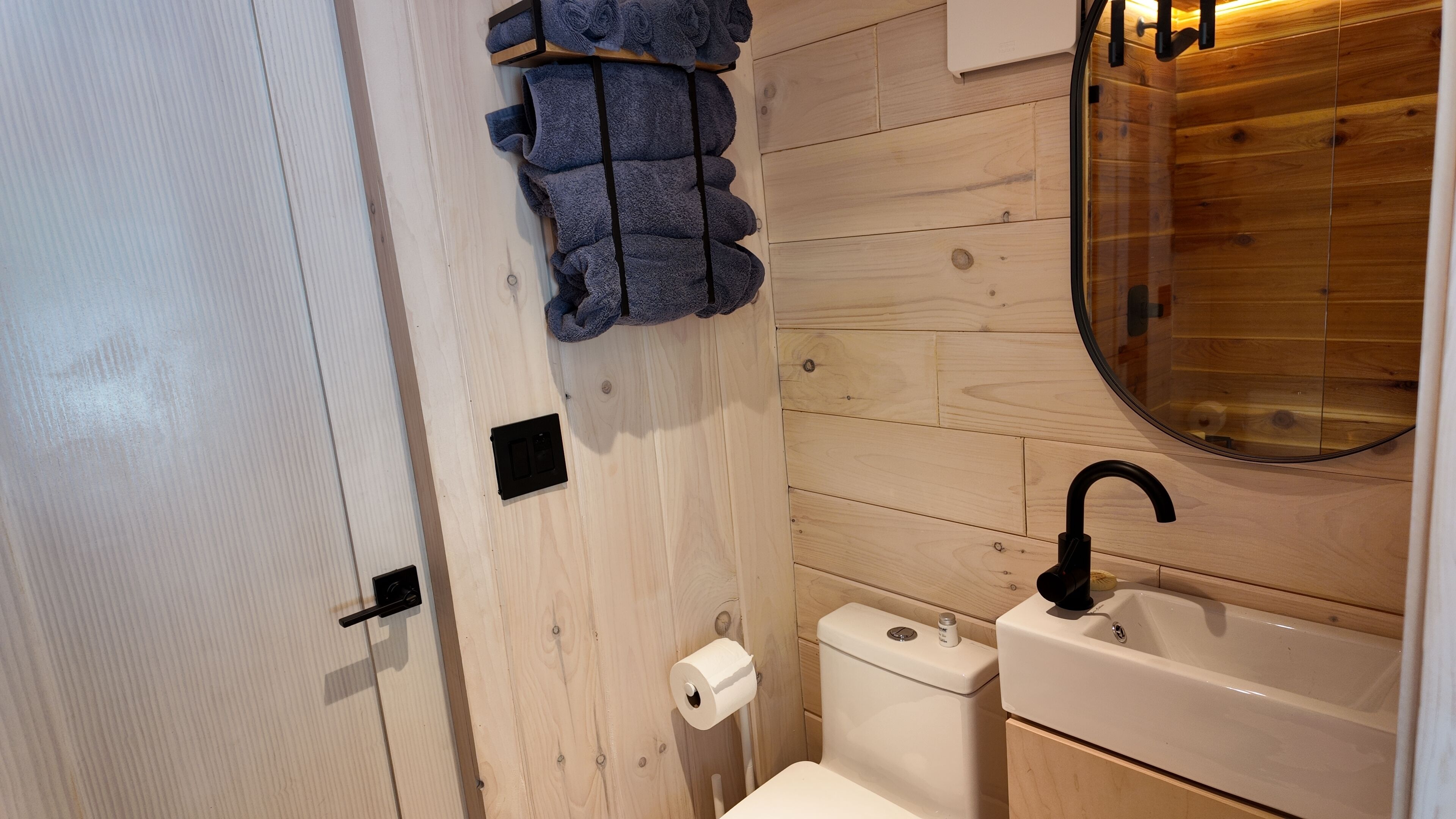 Shower, towels, soap, toilet paper