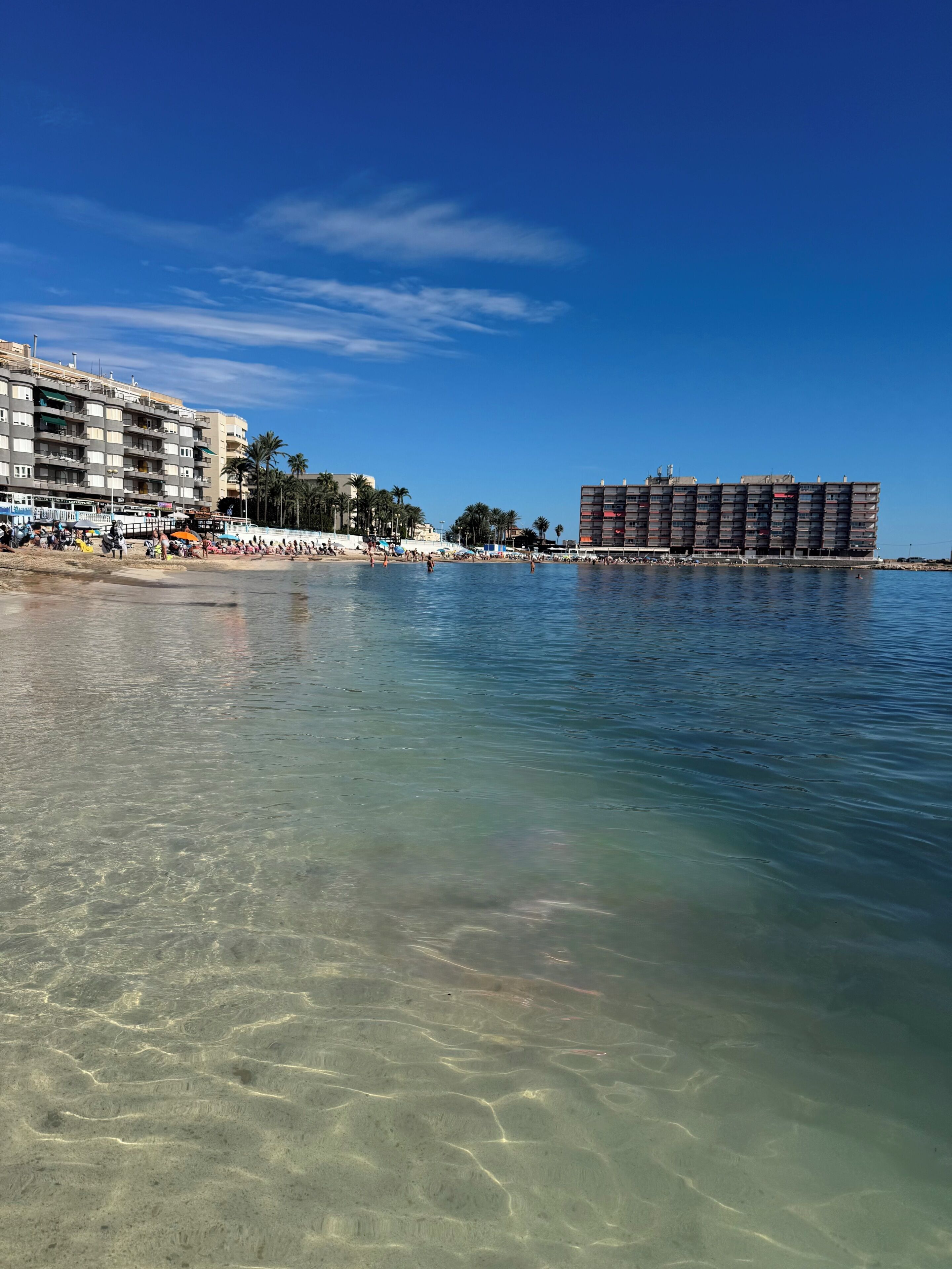 A beach with clear shallow waters, a large hotel building, and palm trees.