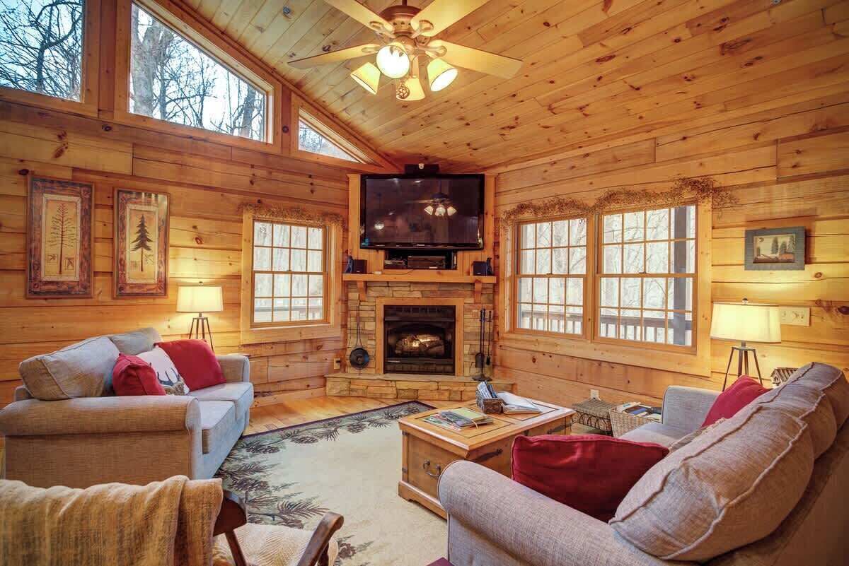 A log cabin interior with a fireplace, two sofas, a television, and framed pictures on the walls.