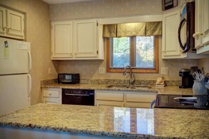 A kitchen with granite countertops, white cabinetry, a built-in dishwasher, and a window with blinds. - One Level Entry 3 bed 3 bath condo at Chetola (Blowing Rock)