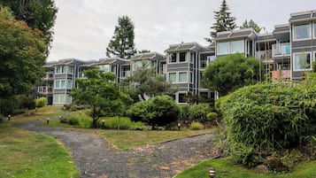 Un barrio residencial con edificios modernos de varios pisos, un sendero de grava y abundante vegetación.
