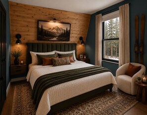 A bedroom with a large bed, a headboard, a nightstand, a bedside table, a window with curtains, and a view of trees. - Designer A-Frame, Hot Tub, Mountain Views, Game Room (Divide)