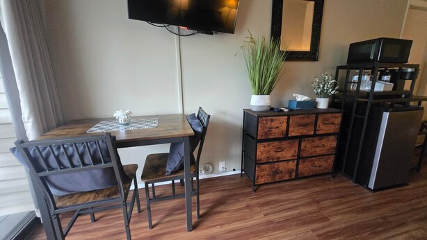 Eine moderne Küche mit Holztisch, Stühlen, Fernseher, Kühlschrank und einer Pflanze.