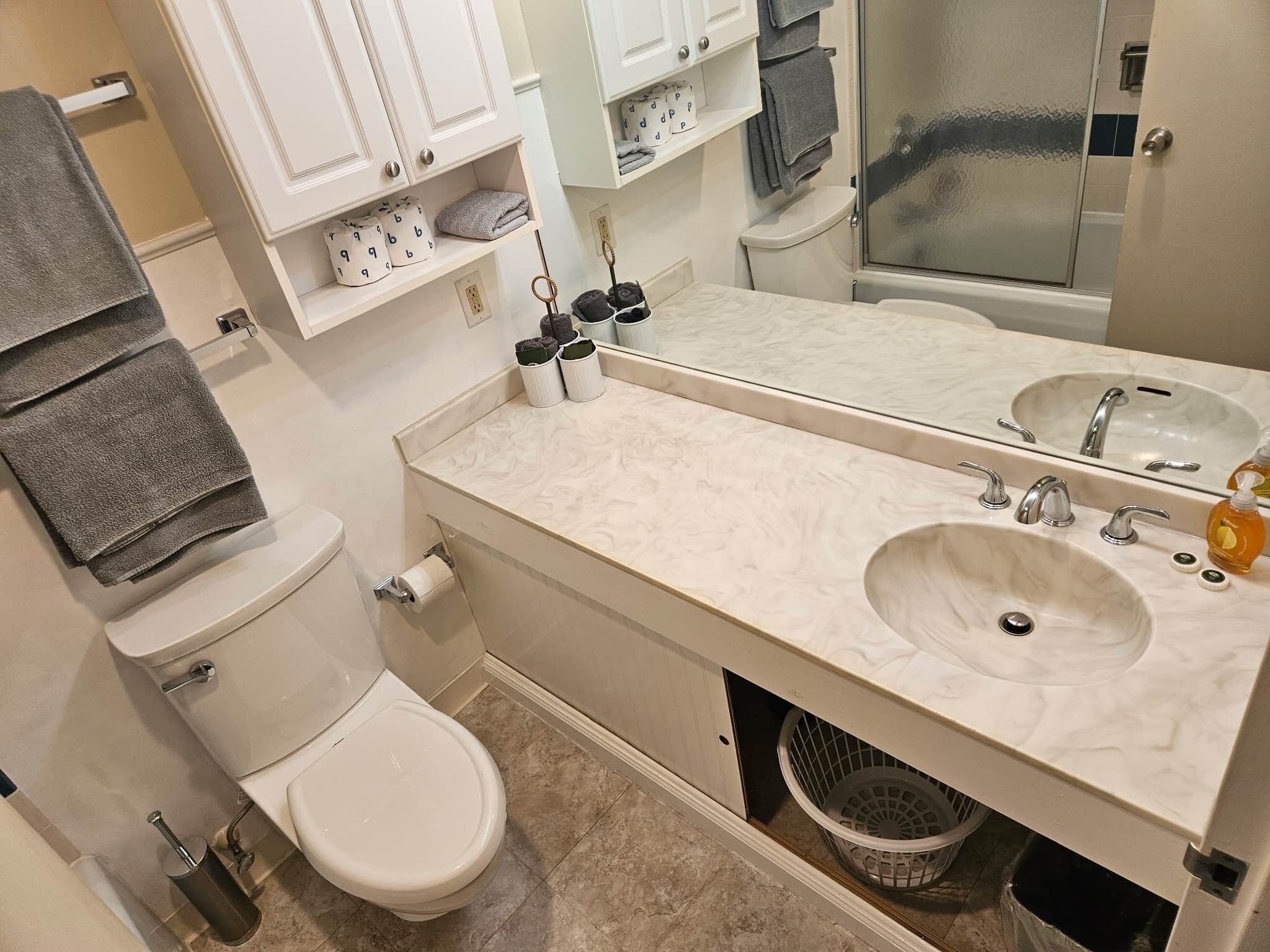 Un bagno con servizi igienici, lavandino e specchio. Asciugamani e articoli da toilette sono disponibili sugli scaffali.