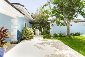 A residential property with a paved driveway leading to a gated entrance, surrounded by lush greenery and a variety of plants. - Foxy Lady - Waterfront Luxury Villa sleeps 14 (Exuma)
