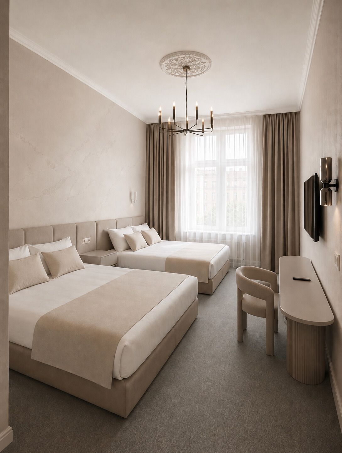 Een hotelkamer met twee bedden, een bureau, een stoel, een televisie en een raam met gordijnen.