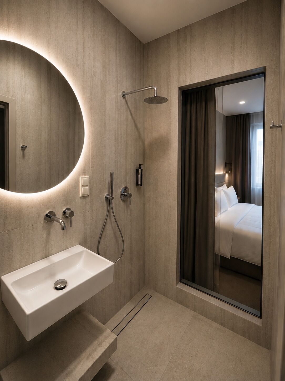 A modern bathroom with a built-in sink, shower, and a large mirror.