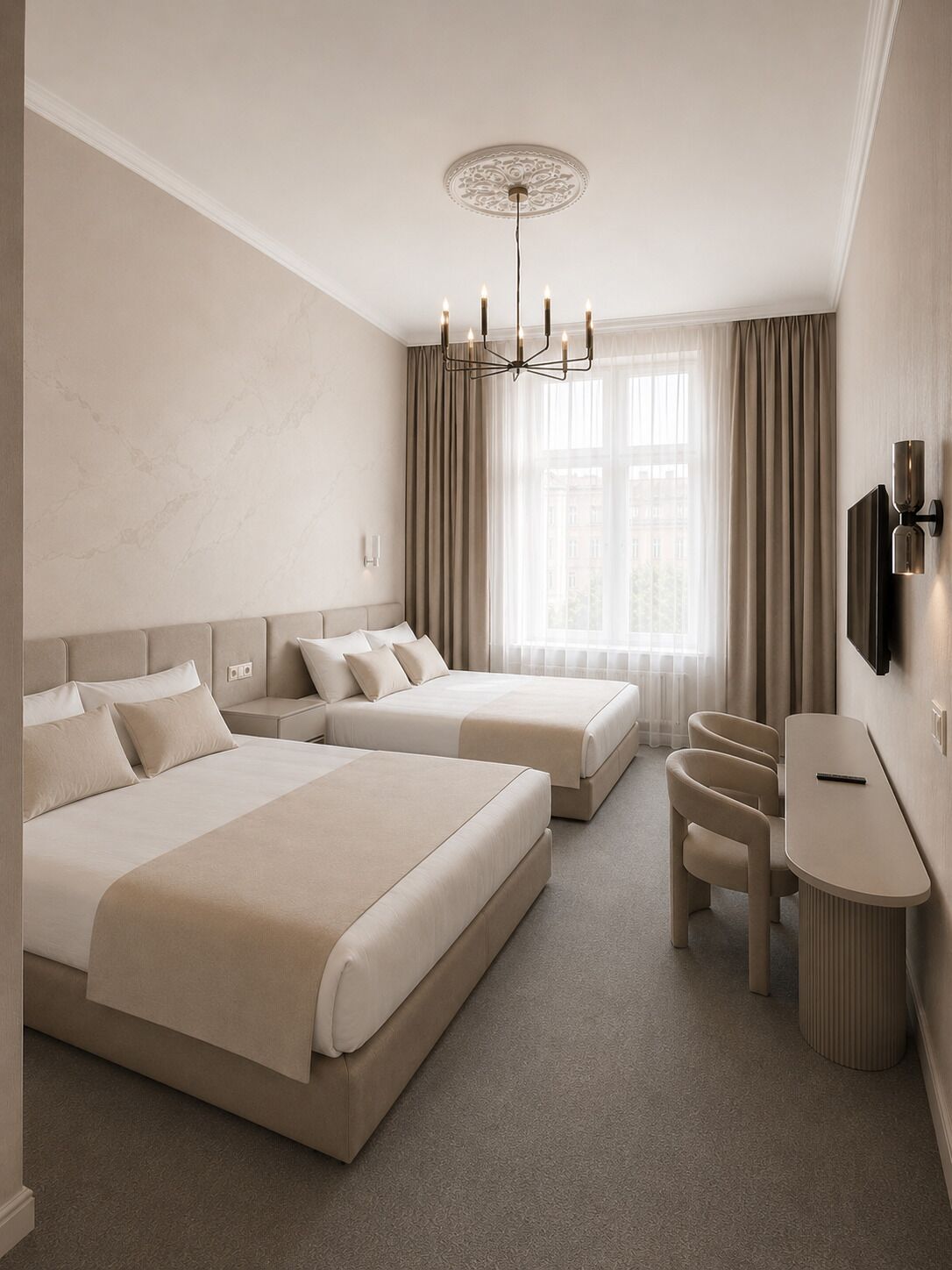 A hotel room with two beds, a desk, and a TV.