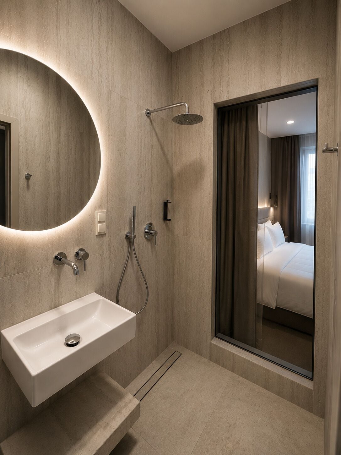 A modern bathroom with a built-in sink, a shower, and a large mirror.