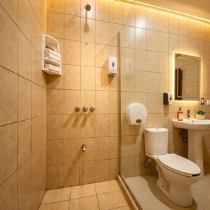 Un baño moderno con cabina de ducha de vidrio, inodoro y lavamanos con espejo arriba.