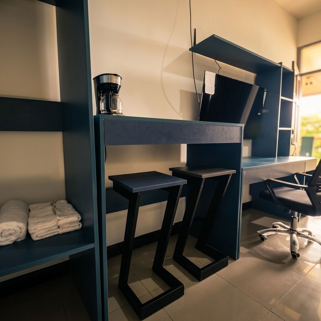 A modern office space with a desk, two chairs, a coffee machine, and neatly folded towels on a shelf.