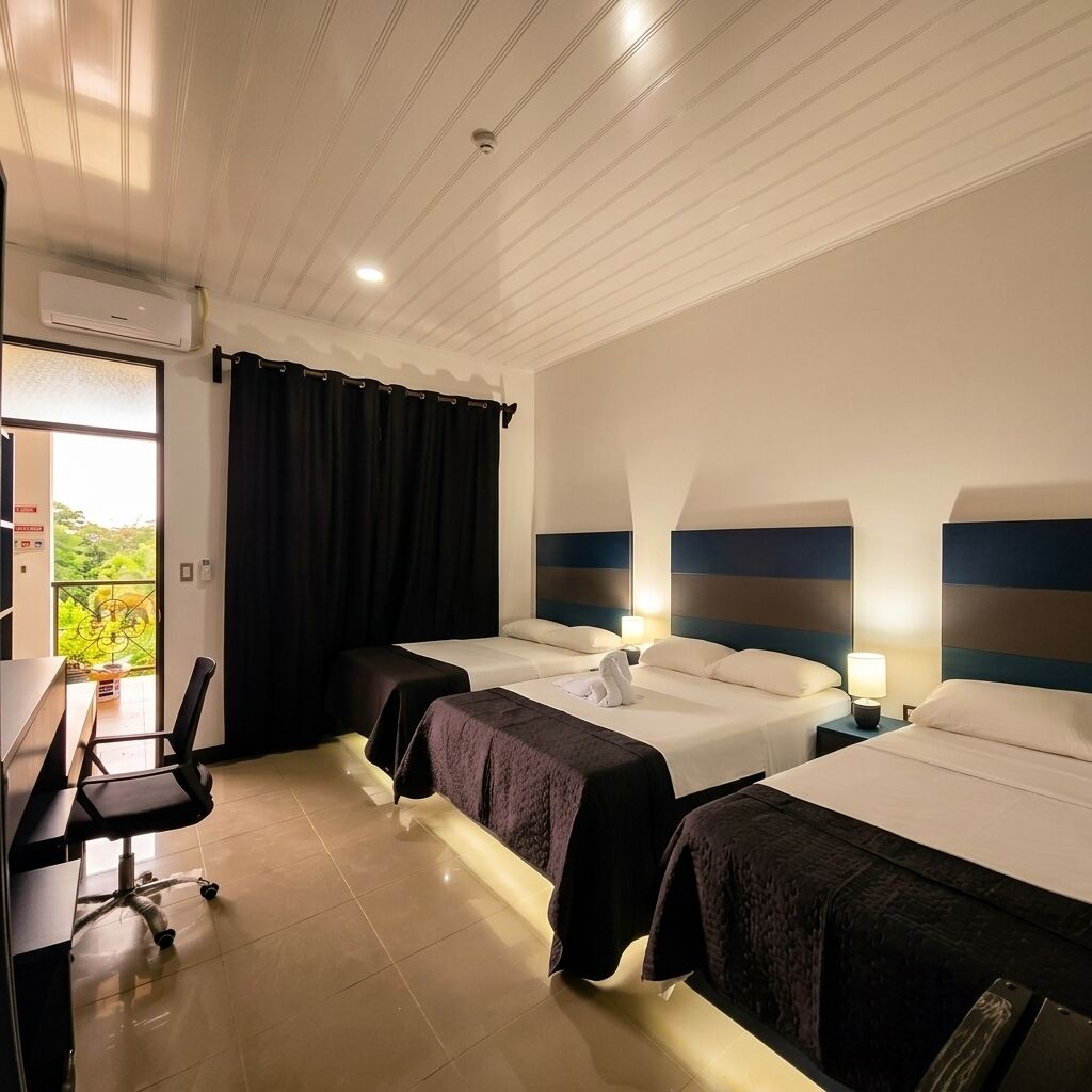 A hotel room with two beds, a desk, and a chair.
