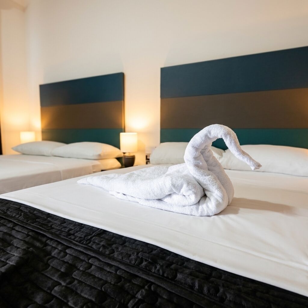 Une chambre d’hôtel avec deux lits, chacun doté d’une tête de lit, et une serviette décorative en forme de cygne posée sur le lit.