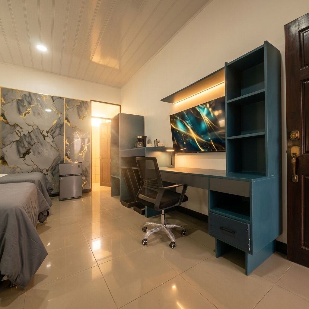 A modern bedroom with a large bed, a desk with a computer, and a bookshelf.