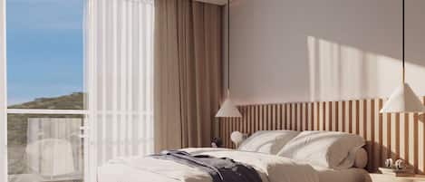 A modern bedroom with a large bed, a nightstand, a lamp, and a view of the outdoors.