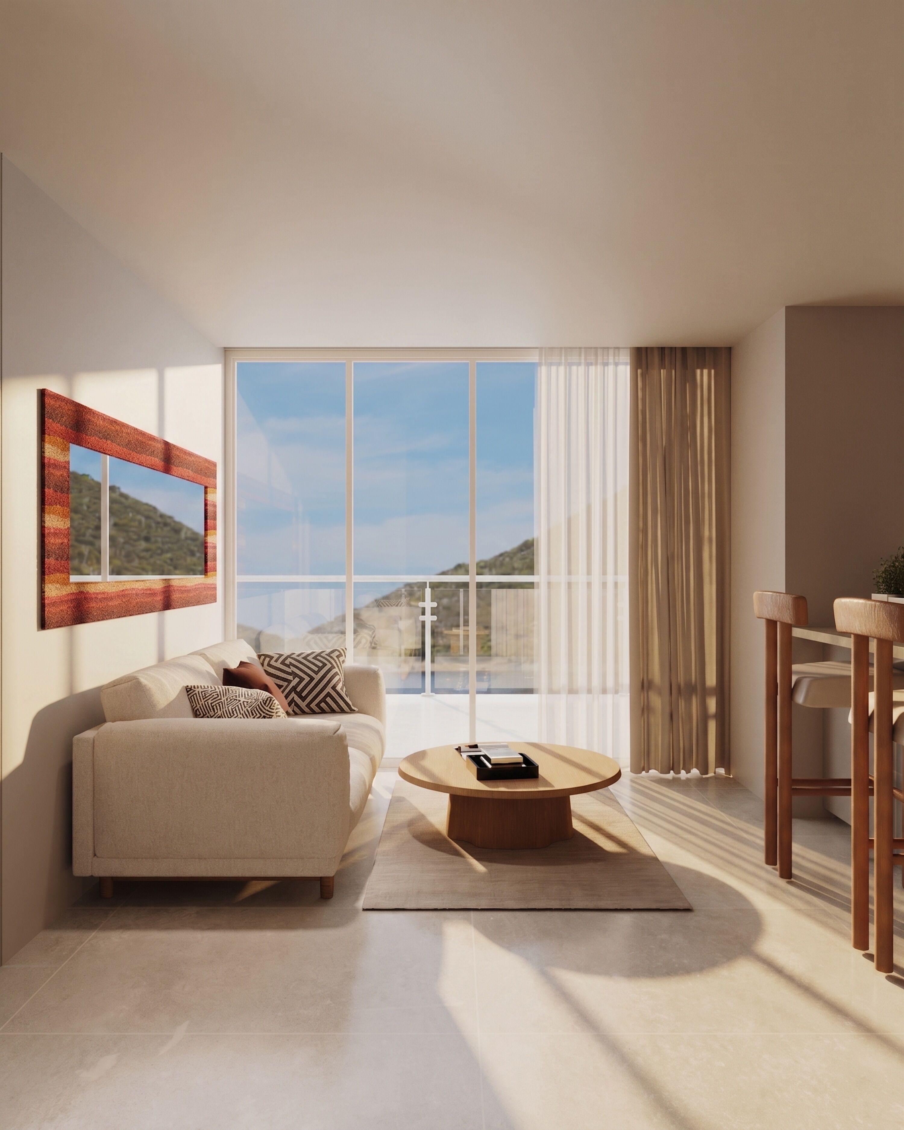 A modern living room with a sofa, a coffee table, and a dining area with a table and chairs.