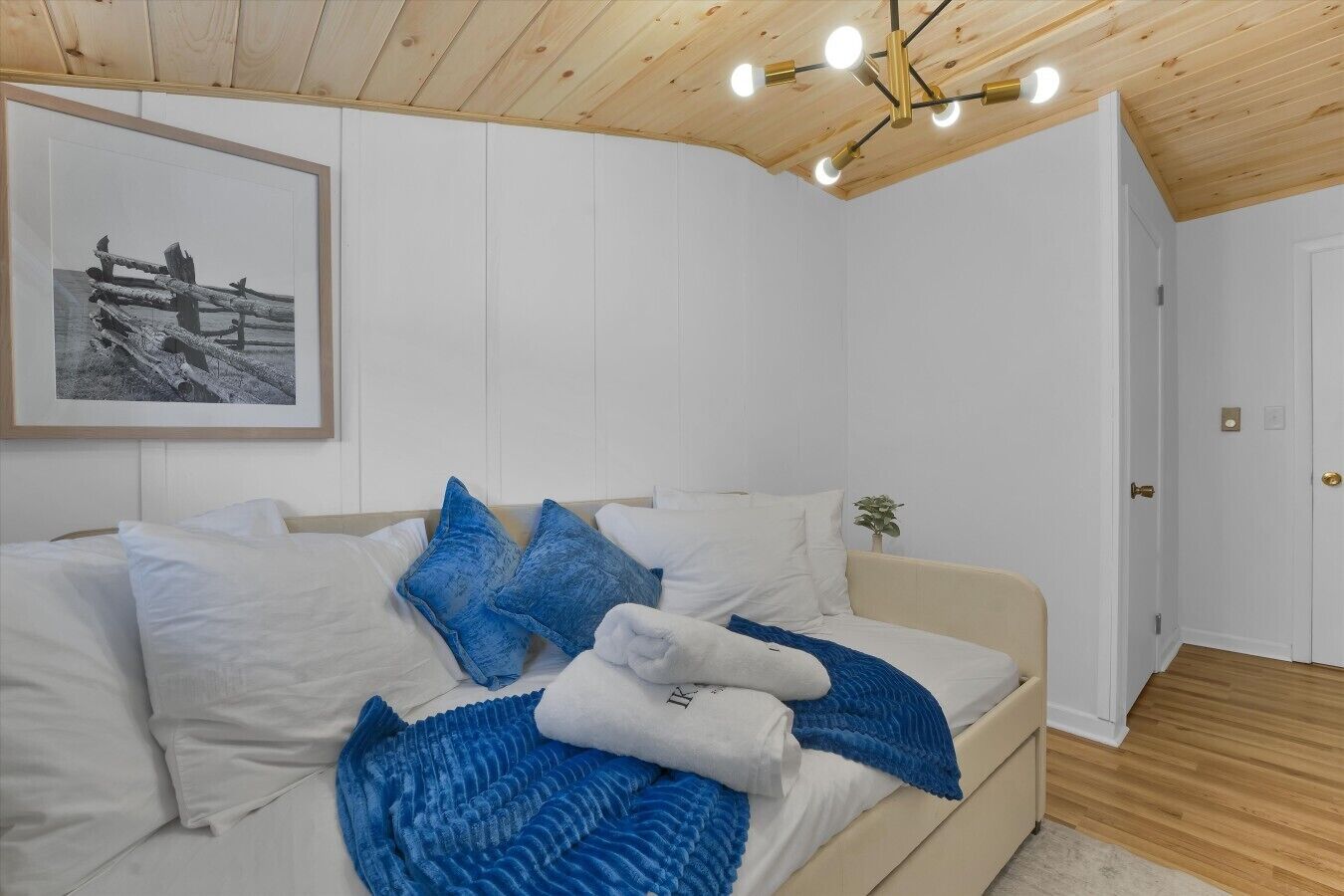 A room with a bed, a framed picture on the wall, and a door.