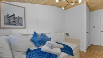 A room with a bed, a framed picture on the wall, and a door.